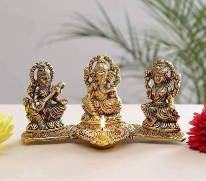 Gold Plated Lakshmi Ganesh Saraswati Idol with Diya Holder