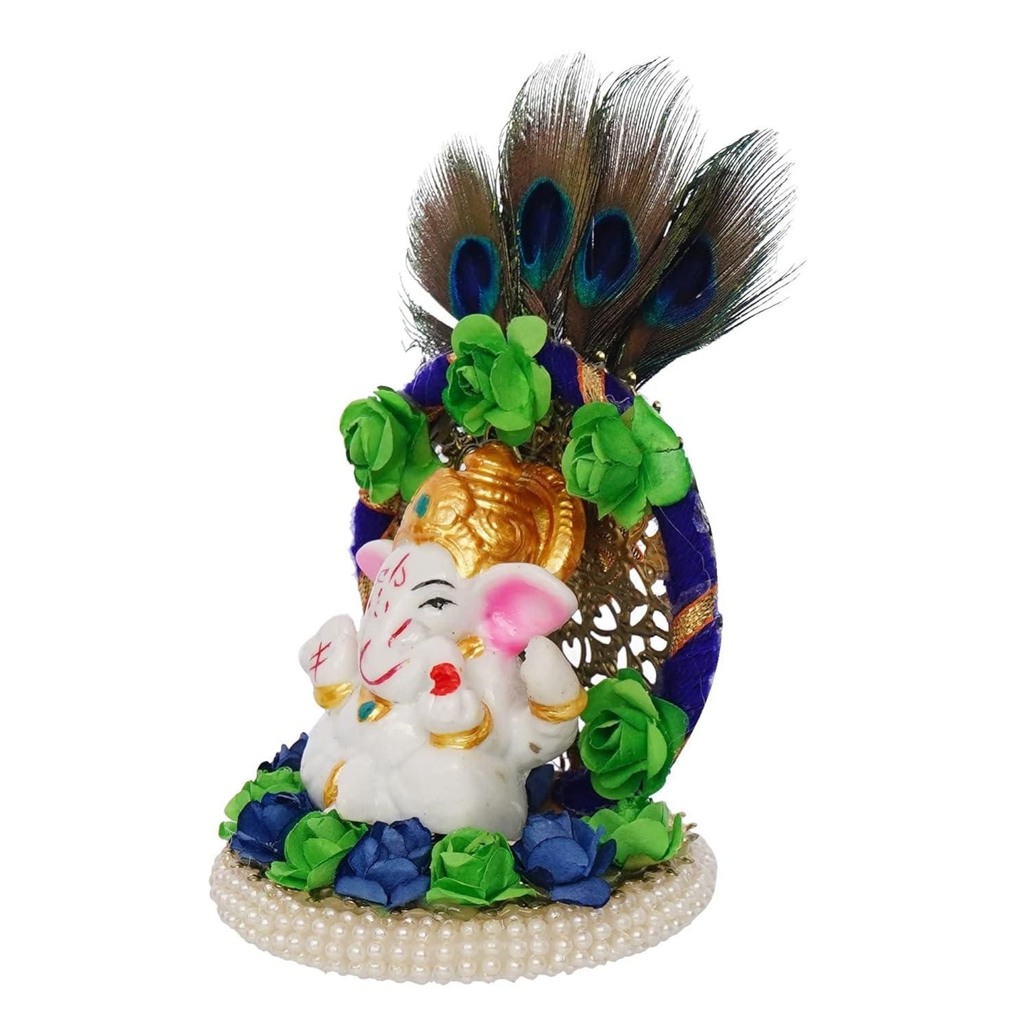 Lord Ganesha Idol on Handcrafted Floral Plate with Peacock Feather