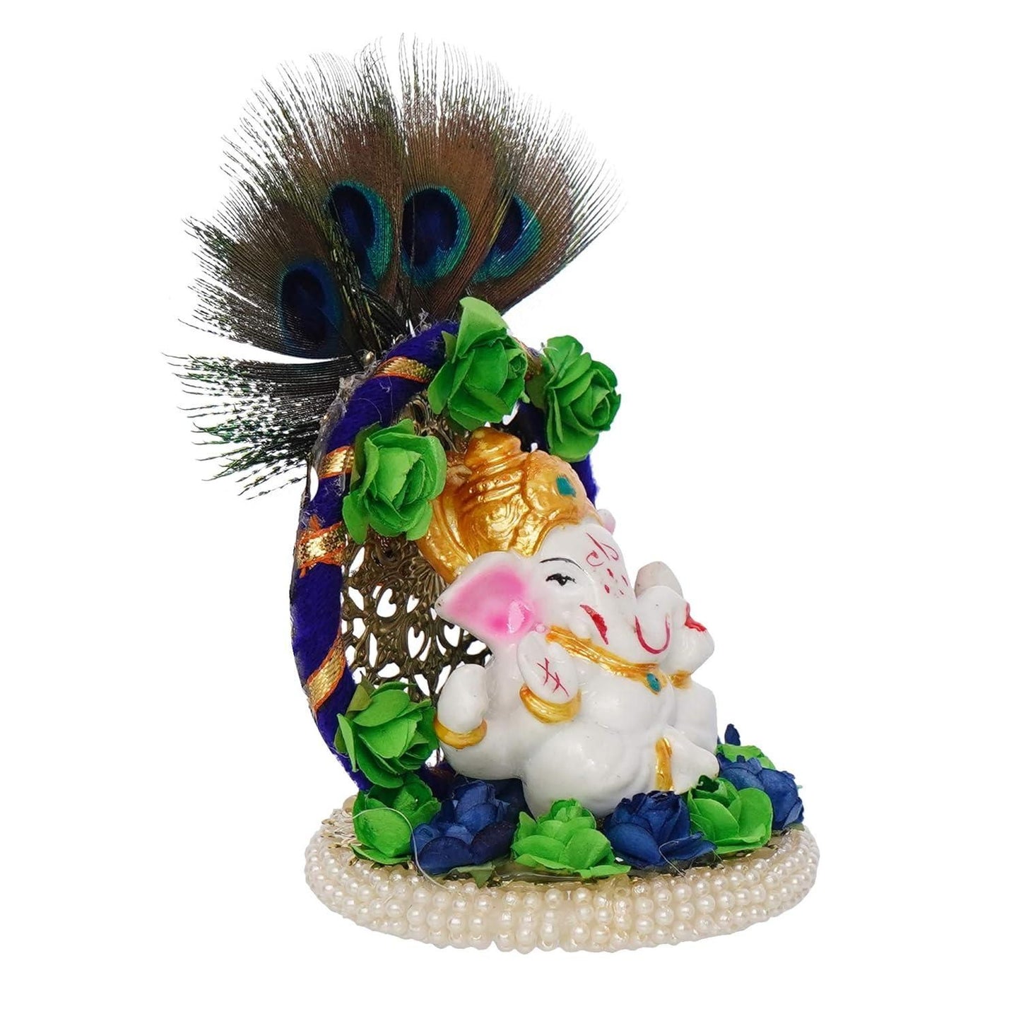 Lord Ganesha Idol on Handcrafted Floral Plate with Peacock Feather