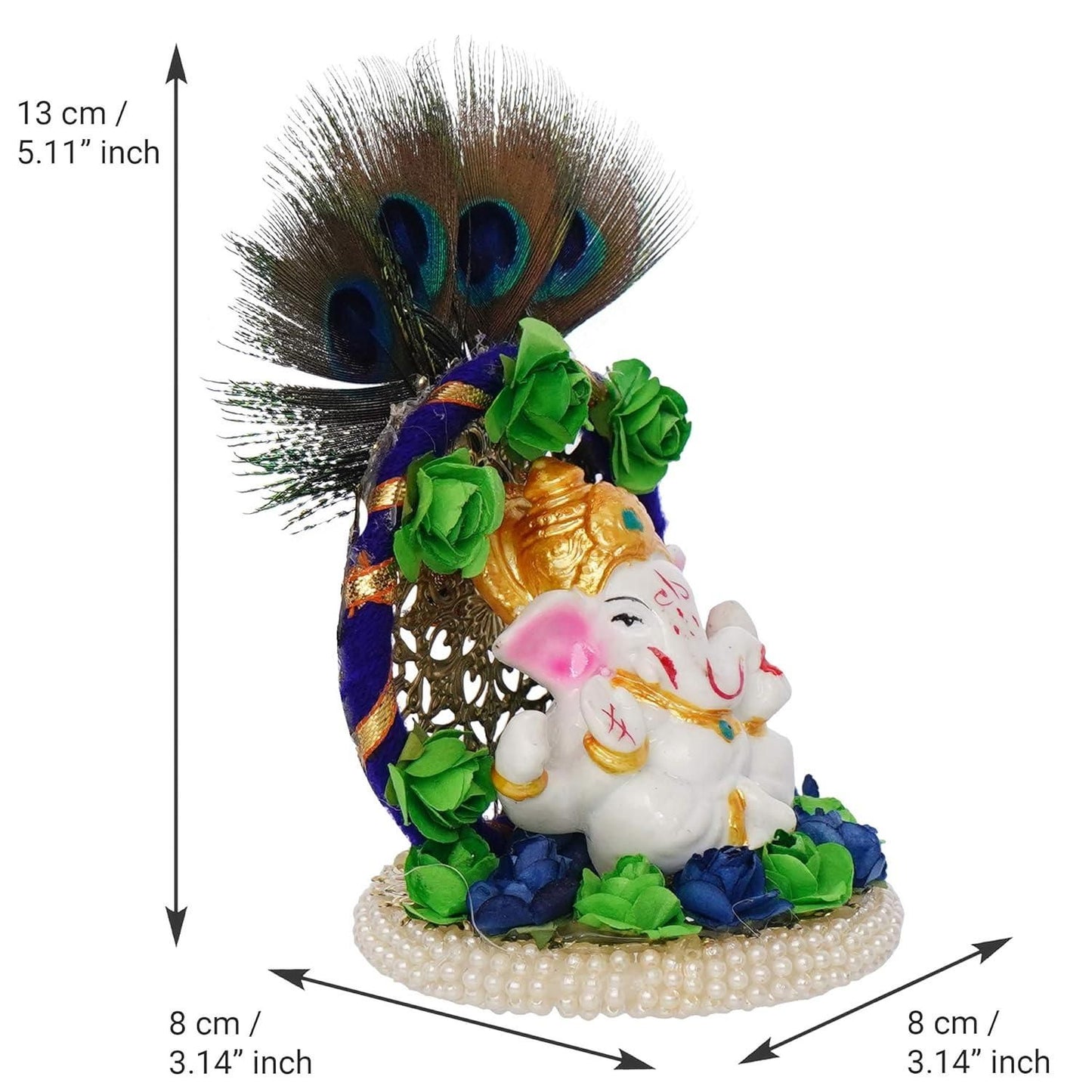 Lord Ganesha Idol on Handcrafted Floral Plate with Peacock Feather