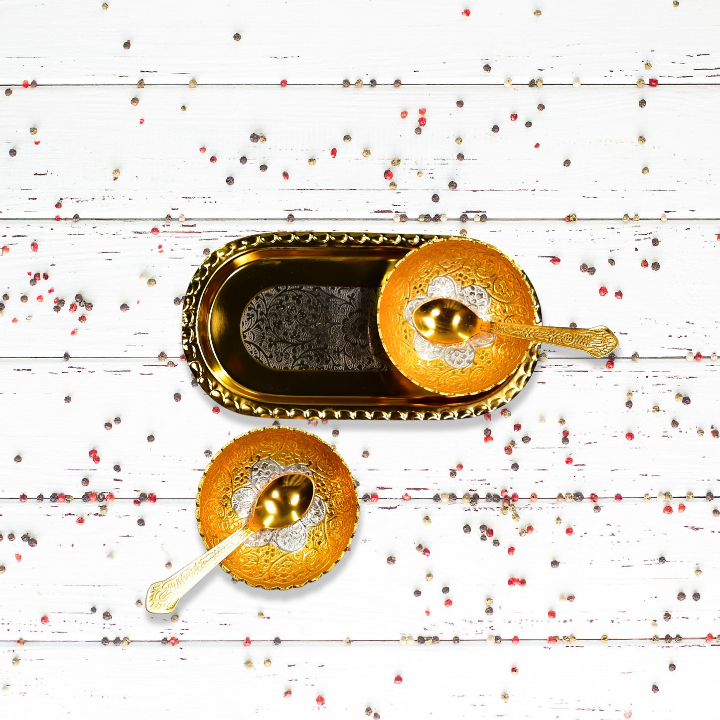 Gold & Silver Plated 2 Bowl 2 Spoon Tray Set – Devotional Gift