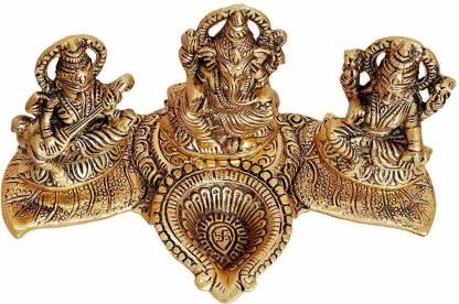 Gold Plated Lakshmi Ganesh Saraswati Idol with Diya Holder